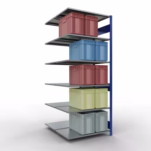Produktbild Nr.6 des Artikels Anbauregal, Doppelregal, Fachbodenregal Stecksystem MULTIplus150, 2500 x 1000 x (2x600) mm (HxBxT), 2x6 Fachböden, Längenriegel, RAL 5010 enzianblau aus der Produktreihe Fachbodenregale von der Marke Schulte Lagertechnik