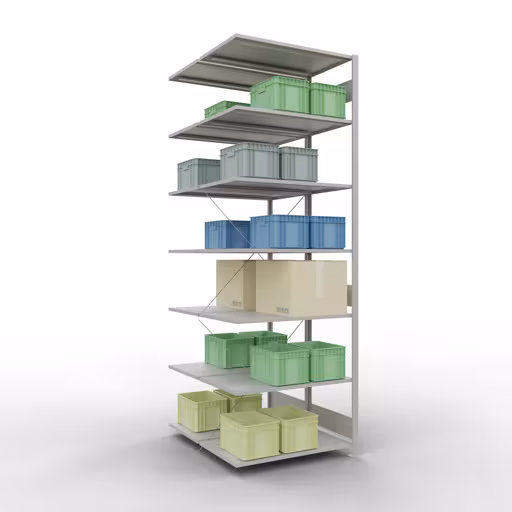 Anbauregal, Doppelregal, Fachbodenregal Stecksystem MULTIplus150, 3000 x 1000 x (2x1200) mm (HxBxT), 2x7 Fachböden, Kreuzstrebe, RAL 7035 lichtgrau mit der GTIN 4058255035250 Anbauregal, Doppelregal, Fachbodenregal Stecksystem MULTIplus150, 3000 x 1000 x (2x1200) mm (HxBxT), 2x7 Fachböden, Kreuzstrebe, RAL 7035 lichtgrau von Schulte Lagertechnik mit der Artikelnr. 32767