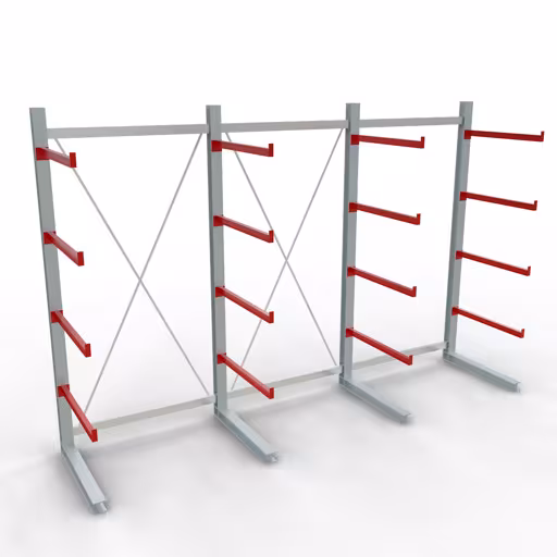 Abbildung Nr 12 des Artikels K 6000 Komplettregal, einseitig, 3000 x 4500 x 1000 mm, RAL 7001 / RAL 3000, 5 Lagerebenen aus der Produktgruppe Kragarmregale von der Marke Schulte Lagertechnik