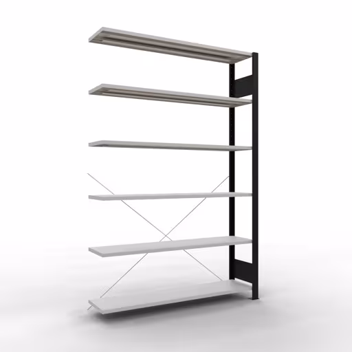 Anbauregal, Büro-Fachbodenregal Stecksystem MULTIplus85, 2000 x 1300 x 300 mm (HxBxT), 6 Fachböden, Kreuzstrebe, ohne Anschlagleiste, schwarz/lichtgrau aus der Kategorie Stecksystem mit der Artikelnummer 36029-S