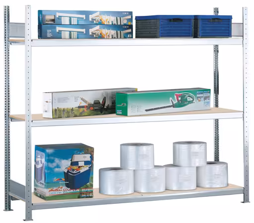 Abbildung Nr 14 des Artikels Grundregal, Weitspannregal WS 2000 mit Spanplatten, 2000 x 2500 x 500 mm (HxBxT), verzinkt, 3 Ebenen, Fachlast 400 kg, Feldlast 1.200 kg aus der Produktgruppe Weitspannregale von der Marke Schulte Lagertechnik