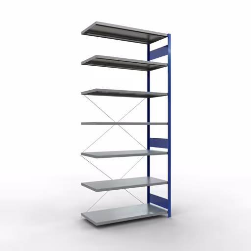 Anbauregal, Fachbodenregal Stecksystem MULTIplus250, 3000 x 1300 x 600 mm (HxBxT), 7 Fachböden, Kreuzstrebe, RAL 5010 enzianblau/verzinkt aus der Kategorie Anbauregal mit der Artikelnummer 12967-130-B