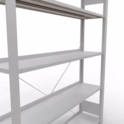 Abbildung Nr 12 des Artikels Grundregal, Büro-Fachbodenregal Stecksystem MULTIplus85, 1800 x 1300 x 300 mm (HxBxT), 5 Fachböden, Kreuzstrebe, mit Anschlagleiste, lichtgrau aus der Produktgruppe Büroregale von der Marke Schulte Lagertechnik