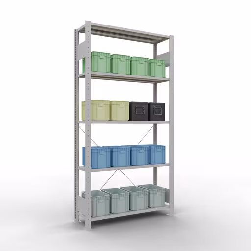 Grundregal, Fachbodenregal Stecksystem MULTIplus85, 2000 x 1000 x 300 mm (HxBxT), 5 Fachböden, Kreuzstrebe, RAL 7035 lichtgrau aus der Kategorie Grundregal mit der GTIN 4004514203403 Grundregal, Fachbodenregal Stecksystem MULTIplus85, 2000 x 1000 x 300 mm (HxBxT), 5 Fachböden, Kreuzstrebe, RAL 7035 lichtgrau von der Marke Schulte Lagertechnik aus der Produktreihe Stecksystem