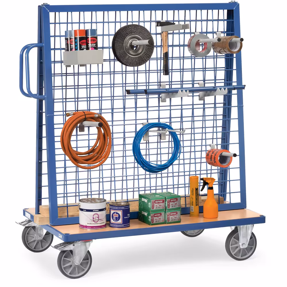 Werkstückwagen 1301 pulverbeschichtet blau RAL 5007, Boden durchgehend, Holzwerkstoffplatte, Oberfläche Buchendekor von Fetra aus der Kategorie Transportsysteme
