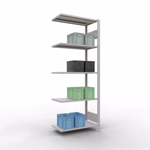 Andere Ansicht des Artikels Anbauregal, Fachbodenregal Stecksystem MULTIplus150, 2000 x 750 x 400 mm (HxBxT), 5 Fachböden, Längenriegel, RAL 7035 lichtgrau aus der Kategorie Anbauregal