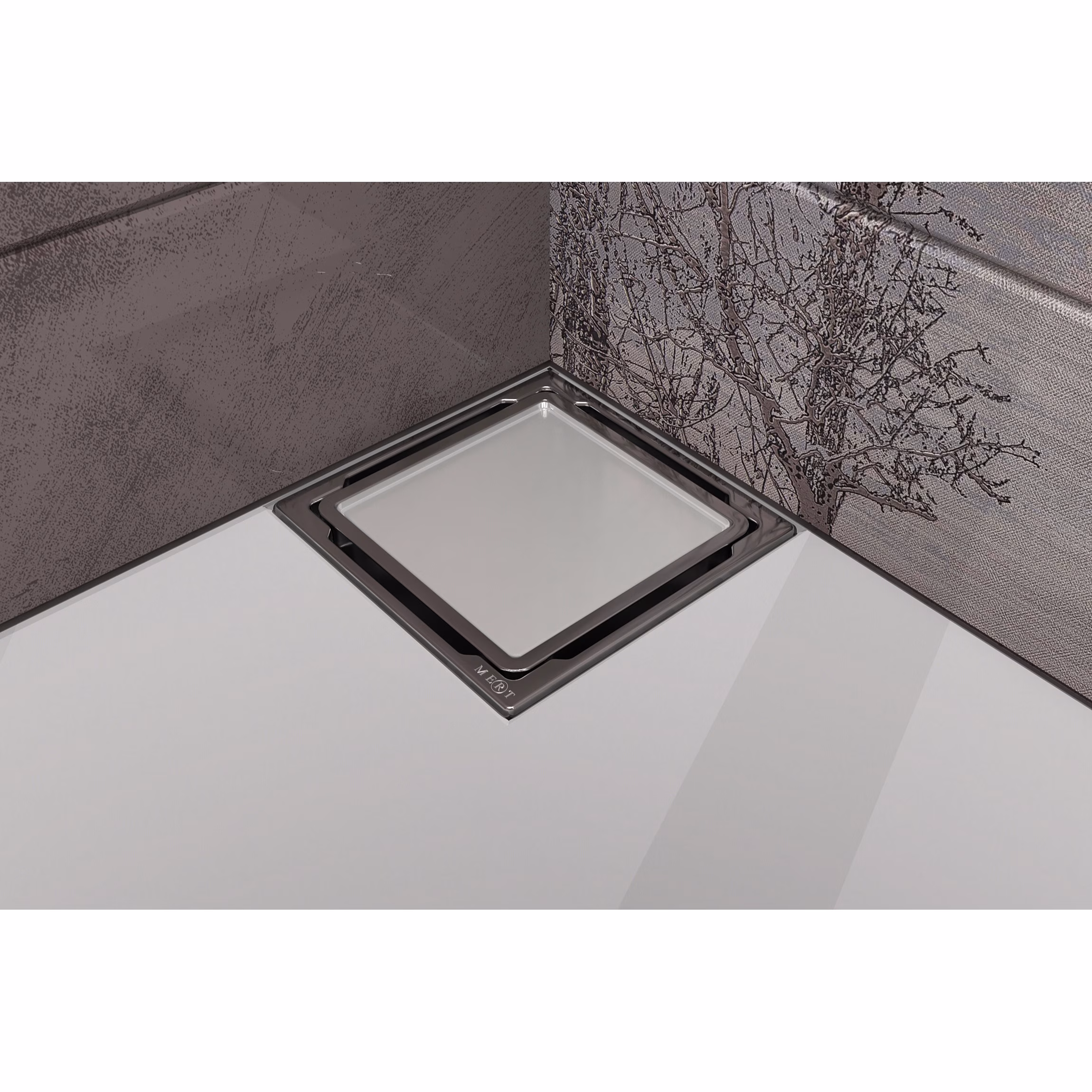 Scarico a pavimento piatto Mert con copertura in vetro temperato, bianco, della marca Mert Scarico a pavimento piatto MERT con vetro temperato 110x110 mm della categoria scarichi a pavimento con codice articolo DU-11-CD-WHITE