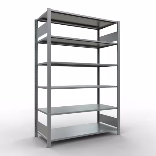 Grundregal, Büro-Fachbodenregal Stecksystem MULTIplus150, 2000 x 1300 x 600 mm (HxBxT), 6 Fachböden, Längenriegel, verzinkt, ohne Mittelanschlag aus der Kategorie Stecksystem mit der Artikelnummer 17762