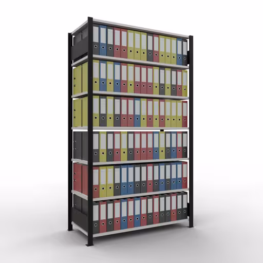 Grundregal, Büro-Fachbodenregal Stecksystem MULTIplus150, 2300 x 1300 x 600 mm (HxBxT), 7 Fachböden, Längenriegel, ohne Mittelanschlag, schwarz/lichtgrau von Schulte Lagertechnik mit der Artikelnr. 36068-S