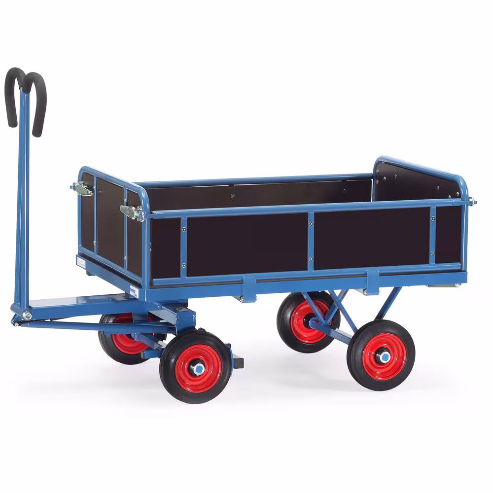 Handpritschenwagen 6453V Breite 800 mm, Länge 1200 mm, Bereifung Vollgummi von der Marke Fetra Handpritschenwagen Bordwände pulverbeschichtet blau RAL 5007, 4 Eckhülsen, Drehschemel-Lenkung mit Kugelkranz Typ Bereifung: Vollgummi aus der Kategorie Handwagen/Pritschenwagen mit der Artikelnr. 6453V