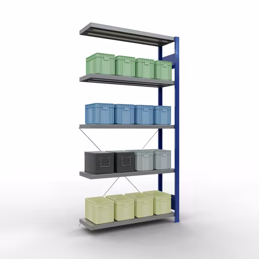 Anbauregal, Fachbodenregal Stecksystem MULTIplus250, 2000 x 1000 x 300 mm (HxBxT), 5 Fachböden, Kreuzstrebe, RAL 5010 enzianblau/verzinkt mit der GTIN 4004514282262 Anbauregal, Fachbodenregal Stecksystem MULTIplus250, 2000 x 1000 x 300 mm (HxBxT), 5 Fachböden, Kreuzstrebe, RAL 5010 enzianblau/verzinkt von Schulte Lagertechnik mit der Artikelnr. 12935-B