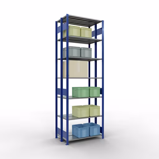 Andere Ansicht des Artikels Grundregal, Doppelregal, Fachbodenregal Stecksystem MULTIplus150, 3000 x 1000 x (2x300) mm (HxBxT), 2x7 Fachböden, Längenriegel, RAL 5010 enzianblau Andere Ansicht des Artikels Grundregal, Doppelregal, Fachbodenregal Stecksystem MULTIplus150, 3000 x 1000 x (2x300) mm (HxBxT), 2x7 Fachböden, Längenriegel, RAL 5010 enzianblau aus der Kategorie Fachbodenregale