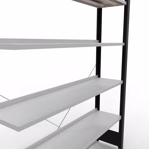 Anbauregal, Büro-Fachbodenregal Stecksystem MULTIplus85, 2000 x 1300 x 300 mm (HxBxT), 6 Fachböden, Kreuzstrebe, mit Anschlagleiste, schwarz/lichtgrau von der Marke Schulte Lagertechnik aus der Produktreihe Büroregale