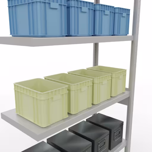 Abbildung Nr 15 des Artikels Anbauregal, Fachbodenregal Stecksystem MULTIplus330, 2500 x 1000 x 400 mm (HxBxT), 6 Fachböden, Längenriegel, RAL 7035 lichtgrau aus der Produktgruppe Stecksystem von der Marke Schulte Lagertechnik