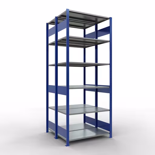 Grundregal, Doppelregal, Fachbodenregal Stecksystem MULTIplus150, 2500 x 1000 x (2x500) mm (HxBxT), 2x6 Fachböden, Längenriegel, RAL 5010 enzianblau aus der Kategorie Doppelregale mit der Artikelnummer 33151-B