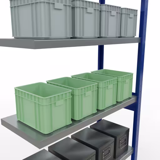 Abbildung Nr 14 des Artikels Anbauregal, Fachbodenregal Stecksystem MULTIplus330, 2500 x 1000 x 400 mm (HxBxT), 6 Fachböden, Längenriegel, RAL 5010 enzianblau/verzinkt aus der Produktgruppe Stecksystem von der Marke Schulte Lagertechnik
