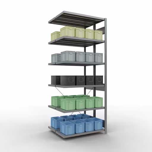 Produktbild Nr.6 des Artikels Anbauregal, Doppelregal, Fachbodenregal Stecksystem MULTIplus250, 2500 x 1000 x (2x400) mm (HxBxT), 2x6 Fachböden, Kreuzstrebe, verzinkt aus der Produktreihe Fachbodenregale von der Marke Schulte Lagertechnik