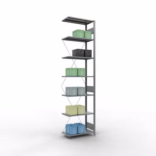 Produktbild Nr.12 des Artikels Anbauregal, Fachbodenregal Stecksystem MULTIplus150, 3000 x 750 x 400 mm (HxBxT), 7 Fachböden, Kreuzstrebe, verzinkt aus der Produktreihe Stecksystem von der Marke Schulte Lagertechnik