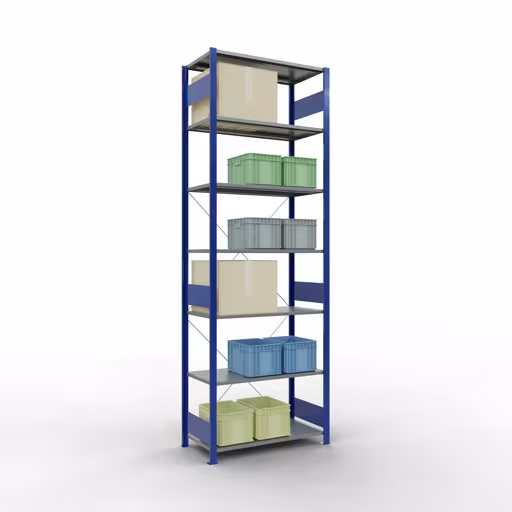 Grundregal, Fachbodenregal Stecksystem MULTIplus150, 3000 x 1000 x 500 mm (HxBxT), 7 Fachböden, Kreuzstrebe, RAL 5010/verzinkt mit der Artikelnr. 12752-B Grundregal, Fachbodenregal Stecksystem MULTIplus150, 3000 x 1000 x 500 mm (HxBxT), 7 Fachböden, Kreuzstrebe, RAL 5010/verzinkt von Schulte Lagertechnik aus der Kategorie Stecksystem