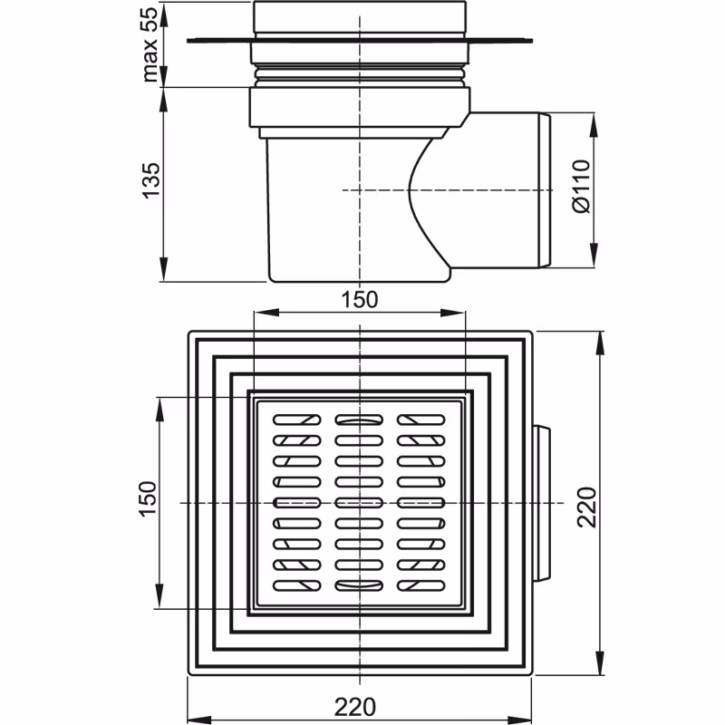 APV Bodenablauf | Duschablauf mit Siphon DN100 Edelstahlrost 150x150 mm waagerecht von der Marke AlcaPlast Bodenabläufe 150x150mm Typ Anschluss: waagerecht aus der Kategorie Bodenabläufe mit der Artikelnr. APV12