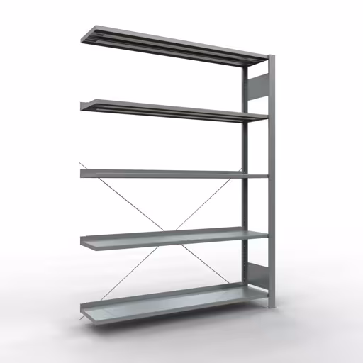 Anbauregal, Büro-Fachbodenregal Stecksystem MULTIplus85, 1800 x 1300 x 300 mm (HxBxT), 5 Fachböden, Kreuzstrebe, verzinkt, mit Anschlagleiste aus der Kategorie Stecksystem mit der Artikelnummer 17705