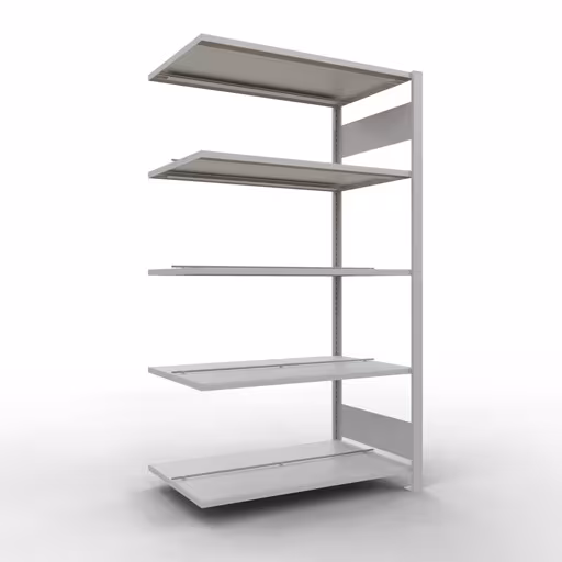 Anbauregal, Büro-Fachbodenregal Stecksystem MULTIplus150, 1800 x 1000 x 600 mm (HxBxT), 5 Fachböden, Längenriegel, mit Mittelanschlag, lichtgrau aus der Kategorie Stecksystem mit der Artikelnummer 36040