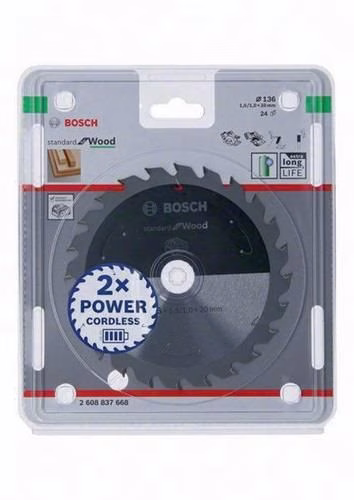 Kreissägeblatt Außendurchmesser 136 mm Zähne 24 Wechselzahn Bohrung 20 mm Schnittbreite 1,5 mm Hartmetall BOSCH
