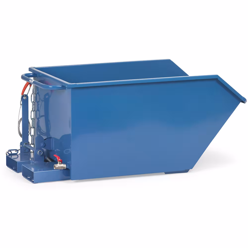 Kippbehälter mit ABLASSHAHN dicht verschweißt, pulverbeschichtet blau RAL 5007, serienmäßig mit Staplertaschen von Fetra Kippbehälter mit ABLASSHAHN dicht verschweißt, pulverbeschichtet blau RAL 5007, serienmäßig mit Staplertaschen aus der Kategorie Kipper