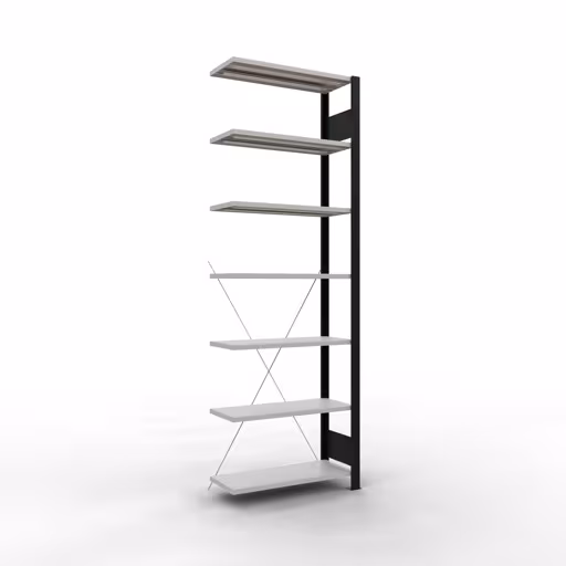 Anbauregal, Büro-Fachbodenregal Stecksystem MULTIplus85, 2300 x 750 x 300 mm (HxBxT), 7 Fachböden, Kreuzstrebe, ohne Anschlagleiste, schwarz/lichtgrau aus der Kategorie Stecksystem mit der Artikelnummer 36033-S