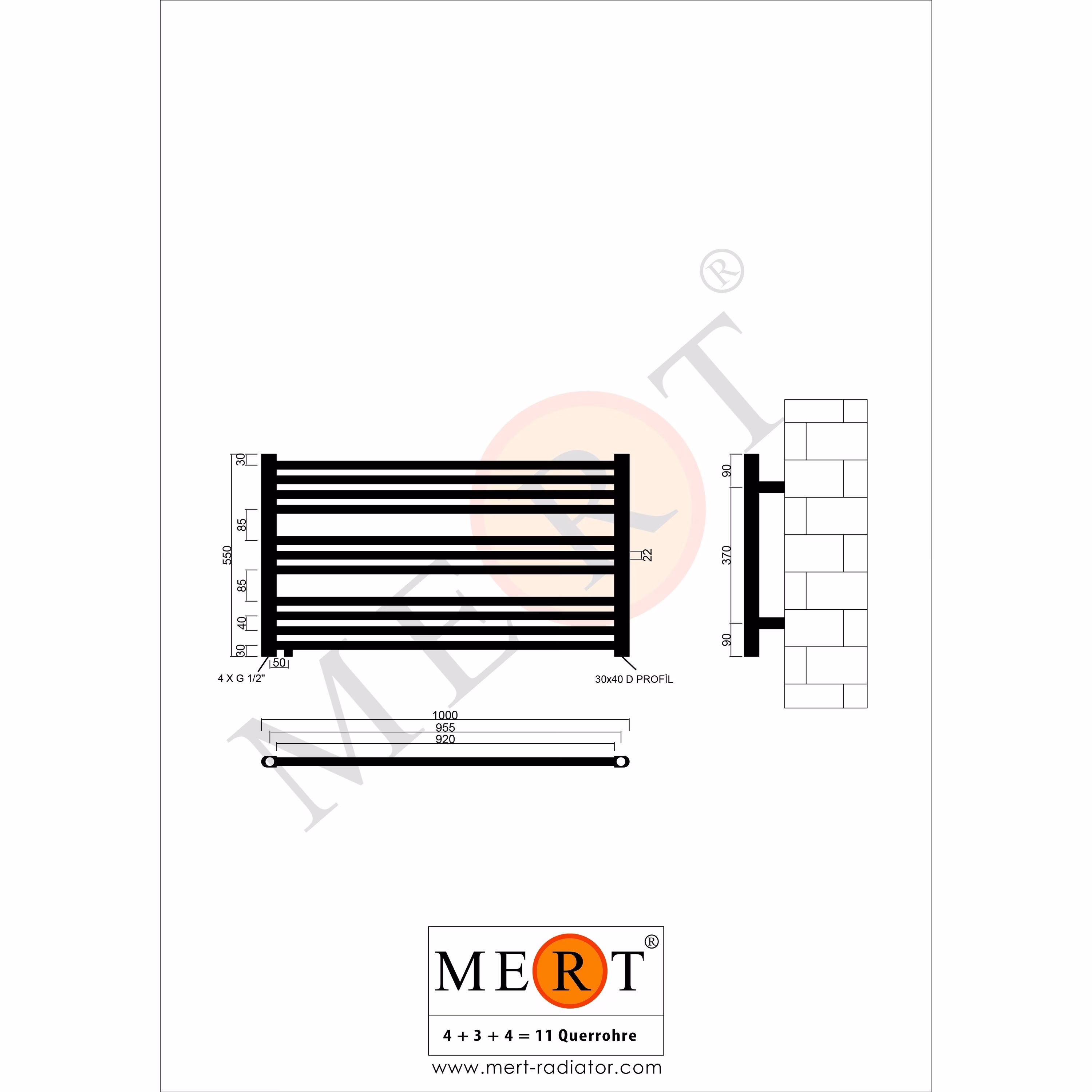 Ohne Text 3841679 MERT Austausch Badheizkörper AU, weiß, 800x550mm, unten versetzter Mittelanschluss