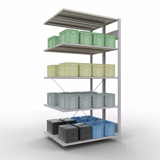 Anbauregal, Doppelregal, Fachbodenregal Stecksystem MULTIplus150, 2000 x 1000 x (2x400) mm (HxBxT), 2x5 Fachböden, Kreuzstrebe, RAL 7035 lichtgrau von der Marke Schulte Lagertechnik aus der Produktreihe Fachbodenregale