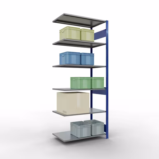 Andere Ansicht des Artikels Anbauregal, Fachbodenregal Stecksystem MULTIplus150, 2500 x 1000 x 600 mm (HxBxT), 6 Fachböden, Längenriegel, RAL 5010 enzianblau/verzinkt aus der Kategorie Anbauregal