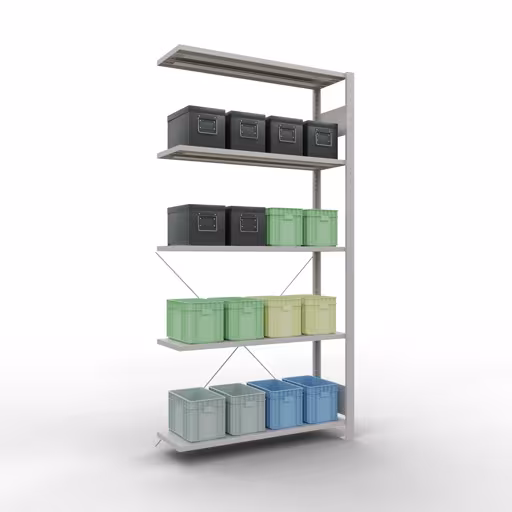 Anbauregal, Fachbodenregal Stecksystem MULTIplus150, 2000 x 1000 x 300 mm (HxBxT), 5 Fachböden, Kreuzstrebe, RAL 7035 lichtgrau von Schulte Lagertechnik mit der Artikelnr. 32635