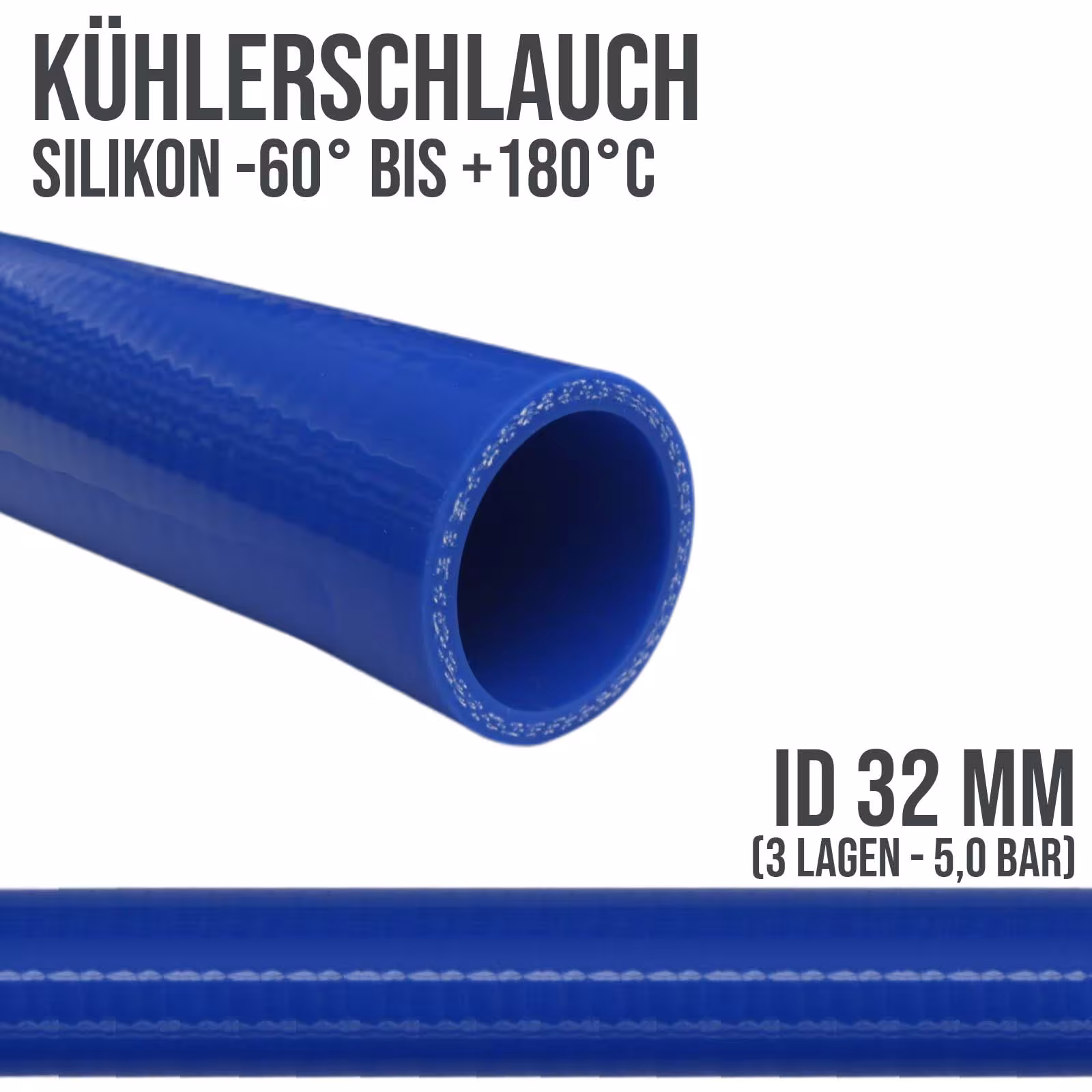 32 x 40 mm Kühler Silikon LLK Ladeluft Kühlmittel Schlauch blau PN 5,0 bar - Fixlänge 1 m von der Marke DEINSCHLAUCH24 aus der Produktreihe Technische Schläuche