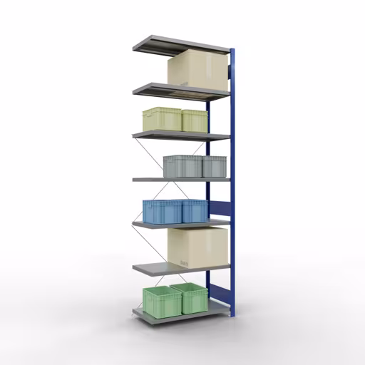 Anbauregal, Fachbodenregal Stecksystem MULTIplus250, 3000 x 1000 x 500 mm (HxBxT), 7 Fachböden, Kreuzstrebe, RAL 5010 enzianblau/verzinkt mit der GTIN 4004514283443 Anbauregal, Fachbodenregal Stecksystem MULTIplus250, 3000 x 1000 x 500 mm (HxBxT), 7 Fachböden, Kreuzstrebe, RAL 5010 enzianblau/verzinkt von Schulte Lagertechnik mit der Artikelnr. 12957-B