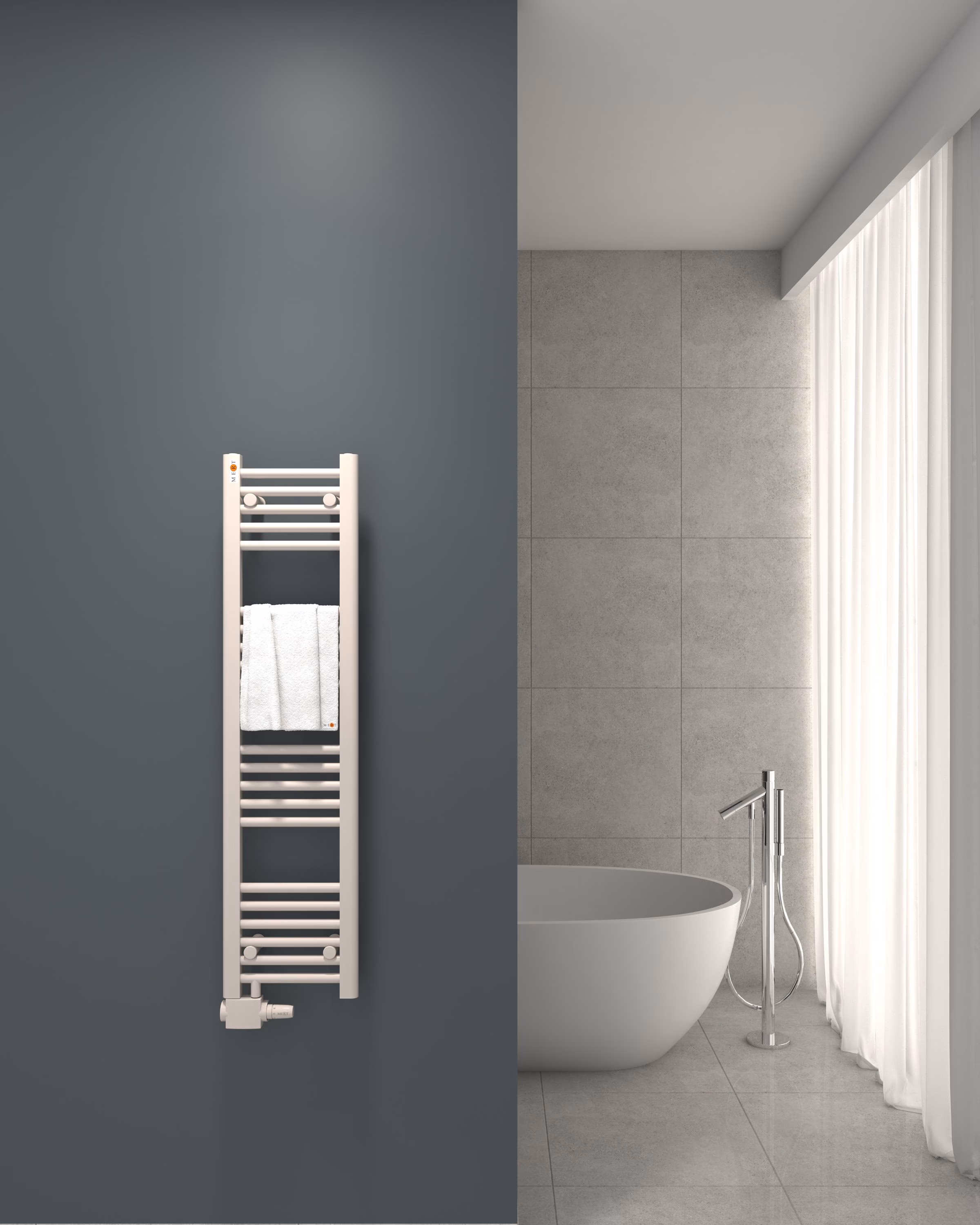 Radiateur de salle de bain de remplacement MERT AU, blanc, droit, disponible en différentes tailles, raccord décalé inférieur de 50 mm, de la catégorie radiateurs de salle de bain, raccordement latéral