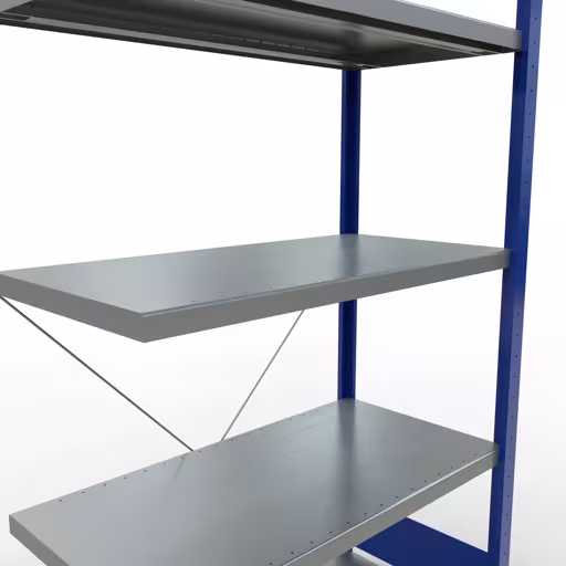 Anbauregal, Fachbodenregal Stecksystem MULTIplus250, 2000 x 1000 x 500 mm (HxBxT), 5 Fachböden, Kreuzstrebe, RAL 5010 enzianblau/verzinkt mit der Artikelnr. 12955-B Anbauregal, Fachbodenregal Stecksystem MULTIplus250, 2000 x 1000 x 500 mm (HxBxT), 5 Fachböden, Kreuzstrebe, RAL 5010 enzianblau/verzinkt von Schulte Lagertechnik aus der Kategorie Stecksystem