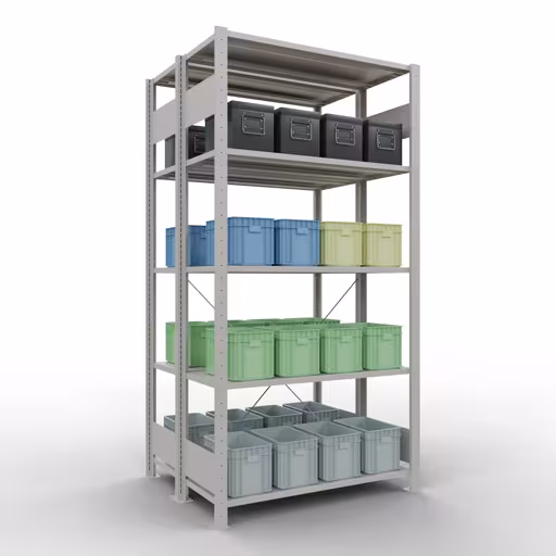 Produktbild Nr 10 des Artikels Grundregal, Doppelregal, Fachbodenregal Stecksystem MULTIplus150, 2000 x 1000 x (2x400) mm (HxBxT), 2x5 Fachböden, Kreuzstrebe, RAL 7035 lichtgrau Abbildung Nr 10 des Artikels Grundregal, Doppelregal, Fachbodenregal Stecksystem MULTIplus150, 2000 x 1000 x (2x400) mm (HxBxT), 2x5 Fachböden, Kreuzstrebe, RAL 7035 lichtgrau aus der Produktgruppe Fachbodenregale von der Marke Schulte Lagertechnik