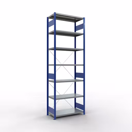 Grundregal, Fachbodenregal Stecksystem MULTIplus250, 3000 x 1000 x 500 mm (HxBxT), 7 Fachböden, Kreuzstrebe, RAL 5010 enzianblau/verzinkt von der Marke Schulte Lagertechnik Grundregal, Fachbodenregal Stecksystem MULTIplus250, 3000 x 1000 x 500 mm (HxBxT), 7 Fachböden, Kreuzstrebe, RAL 5010 enzianblau/verzinkt aus der Kategorie Grundregal mit der Artikelnummer 12952-B