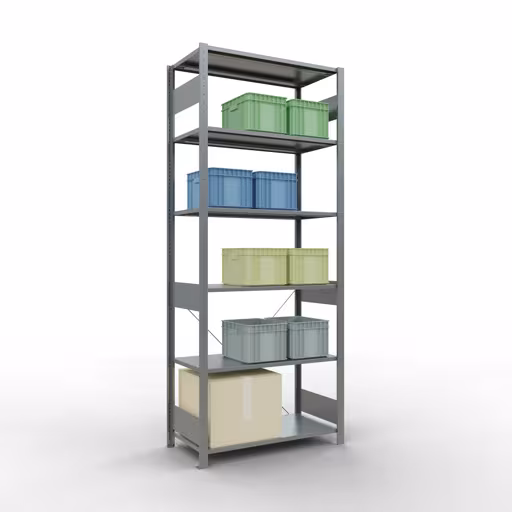 Grundregal, Fachbodenregal Stecksystem MULTIplus150, 2500 x 1000 x 500 mm (HxBxT), 6 Fachböden, Kreuzstrebe, verzinkt von Schulte Lagertechnik mit der Artikelnr. 12751