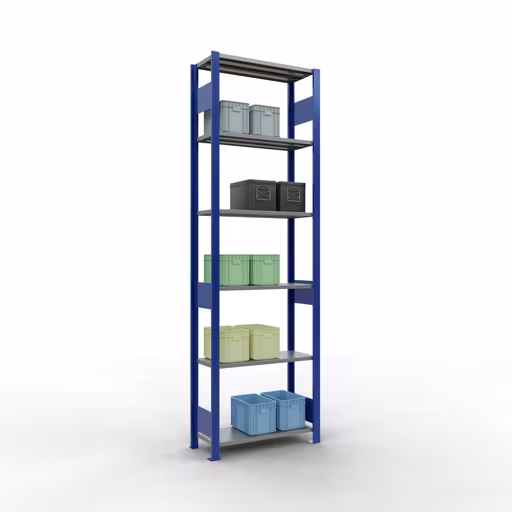 Andere Ansicht des Artikels Grundregal, Fachbodenregal Stecksystem MULTIplus150, 2500 x 750 x 300 mm (HxBxT), 6 Fachböden, Längenriegel, RAL 5010 enzianblau/verzinkt/verzinkt aus der Kategorie Grundregal