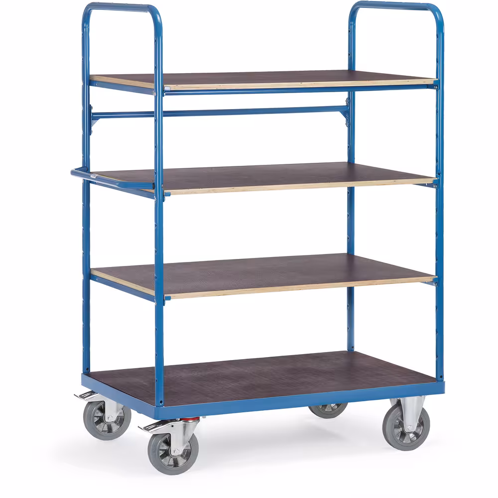 Etagenwagen 18302 Breite 700 mm, Länge 1000 mm von der Marke Fetra Etagenwagen Super-Multi-Vario 4 Etagen Tragkraft pro Boden 180 kg. 2 Lenk- und 2 Bockrollen Typ Ladeflächenlänge: 1000 mm aus der Kategorie Etagenwagen mit der Artikelnr. 18302