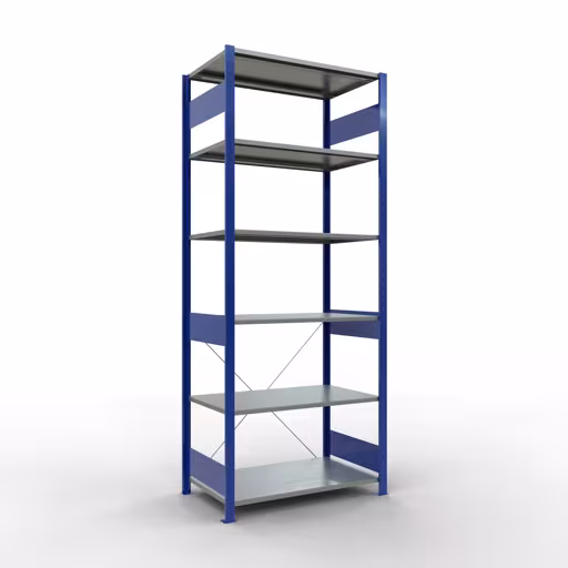 Grundregal, Fachbodenregal Stecksystem MULTIplus85, 2500 x 1000 x 600 mm (HxBxT), 6 Fachböden, Kreuzstrebe, RAL 5010 enzianblau aus der Kategorie Grundregal mit der Artikelnummer 13161-B