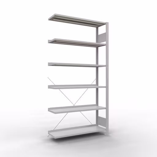 Anbauregal, Büro-Fachbodenregal Stecksystem MULTIplus85, 2000 x 1000 x 300 mm (HxBxT), 6 Fachböden, Kreuzstrebe, mit Anschlagleiste, lichtgrau aus der Kategorie Stecksystem mit der Artikelnummer 36010
