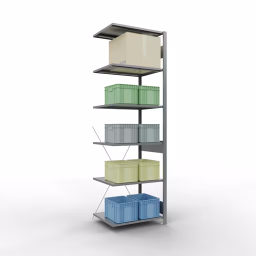 Anbauregal, Fachbodenregal Stecksystem MULTIplus150, 2500 x 750 x 600 mm (HxBxT), 6 Fachböden, Kreuzstrebe, verzinkt aus der Kategorie Anbauregal mit der GTIN 4004514204998 Anbauregal, Fachbodenregal Stecksystem MULTIplus150, 2500 x 750 x 600 mm (HxBxT), 6 Fachböden, Kreuzstrebe, verzinkt von der Marke Schulte Lagertechnik aus der Produktreihe Stecksystem