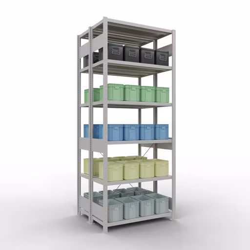 Produktbild Nr.14 des Artikels Grundregal, Doppelregal, Fachbodenregal Stecksystem MULTIplus250, 2500 x 1000 x (2x400) mm (HxBxT), 2x6 Fachböden, Kreuzstrebe, RAL 7035 lichtgrau aus der Produktreihe Fachbodenregale von der Marke Schulte Lagertechnik