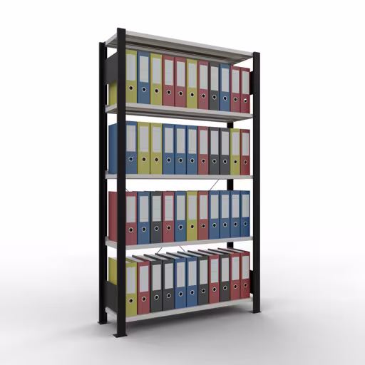 Abbildung Nr 12 des Artikels Grundregal, Büro-Fachbodenregal Stecksystem MULTIplus85, 1800 x 1000 x 300 mm (HxBxT), 5 Fachböden, Kreuzstrebe, mit Anschlagleiste, schwarz/lichtgrau aus der Produktgruppe Büroregale von der Marke Schulte Lagertechnik