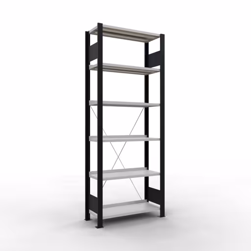 Grundregal, Büro-Fachbodenregal Stecksystem MULTIplus85, 2000 x 750 x 300 mm (HxBxT), 6 Fachböden, Kreuzstrebe, mit Anschlagleiste, schwarz/lichtgrau von der Marke Schulte Lagertechnik Grundregal, Büro-Fachbodenregal Stecksystem MULTIplus85, 2000 x 750 x 300 mm (HxBxT), 6 Fachböden, Kreuzstrebe, mit Anschlagleiste, schwarz/lichtgrau aus der Kategorie Stecksystem mit der Artikelnummer 36006-S