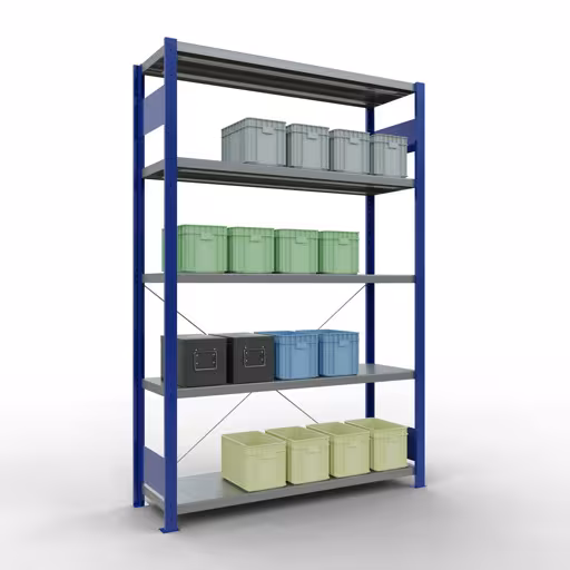 Produktbild Nr 13 des Artikels Grundregal, Fachbodenregal Stecksystem MULTIplus250, 2000 x 1300 x 400 mm (HxBxT), 5 Fachböden, Kreuzstrebe, RAL 5010 enzianblau/verzinkt Abbildung Nr 13 des Artikels Grundregal, Fachbodenregal Stecksystem MULTIplus250, 2000 x 1300 x 400 mm (HxBxT), 5 Fachböden, Kreuzstrebe, RAL 5010 enzianblau/verzinkt aus der Produktgruppe Stecksystem von der Marke Schulte Lagertechnik