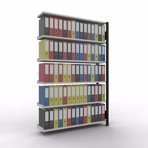 Anbauregal, Büro-Fachbodenregal Stecksystem MULTIplus85, 2000 x 1300 x 300 mm (HxBxT), 6 Fachböden, Kreuzstrebe, mit Anschlagleiste, schwarz/lichtgrau von Schulte Lagertechnik mit der Artikelnr. 36011-S